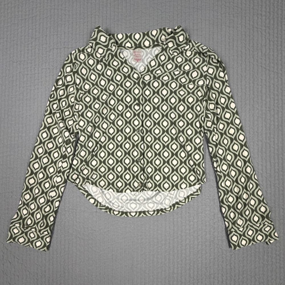 No Boundaries Juniors XL Green Geometric Retro Ogee Print Button Down Shirt